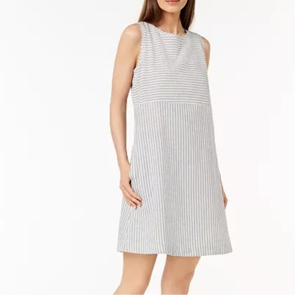NWT Eileen Fisher Hemp Blend Striped A-Line Dress cream blue organic cotton - Picture 1 of 13